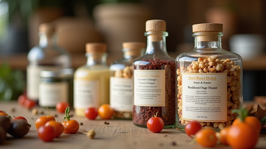 Close-up of food labels on artisan products showing allergen information and dietary details, clear text visible on packaging