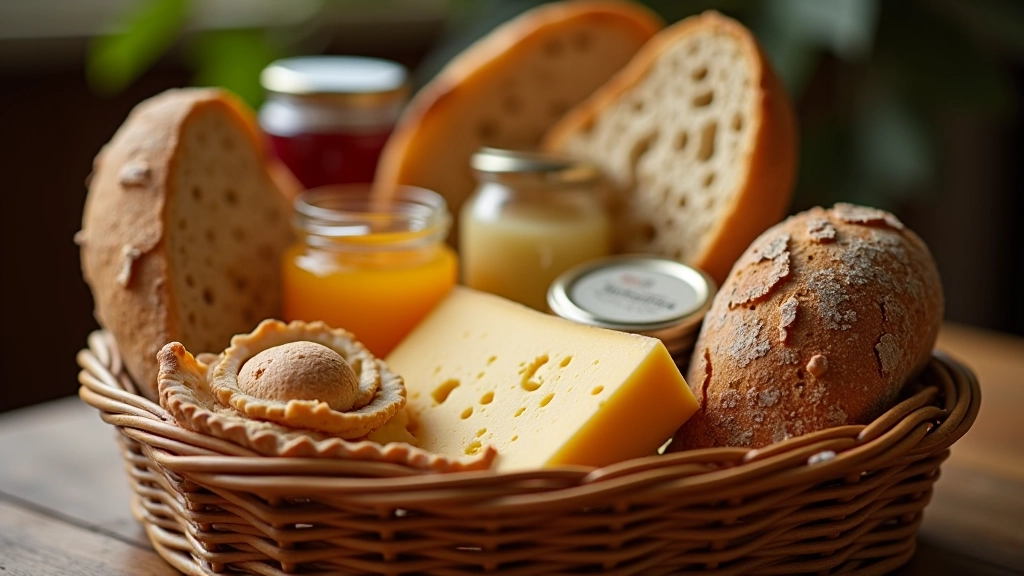 Classic artisan hamper display with cheese, preserves and baked goods