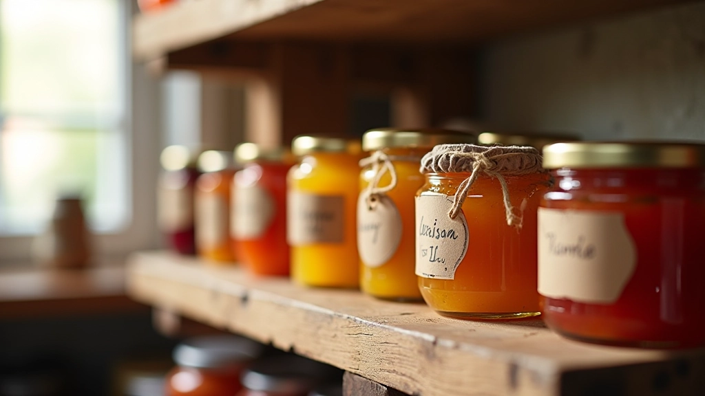 Colorful handmade jars of jam and preserves with handwritten labels, lined on wooden shelves in a rustic kitchen