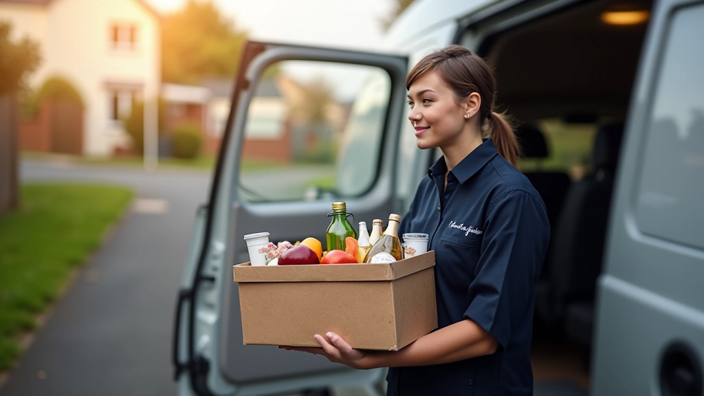 Same-day delivery driver loading hamper basket into delivery van in bright morning sunlight