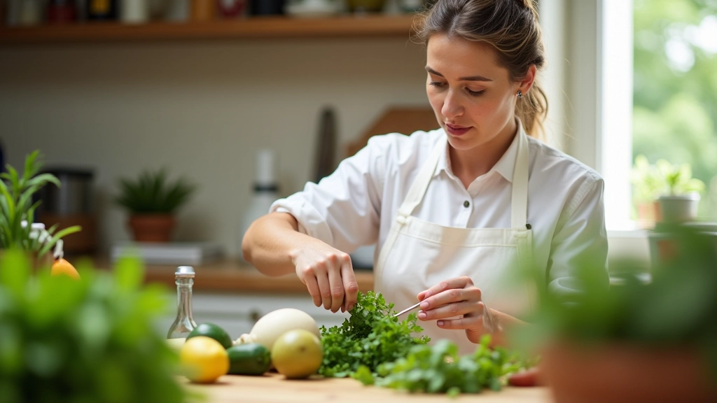 Hands inspecting fresh herbs and quality ingredients on a wooden workbench in a professional food production space