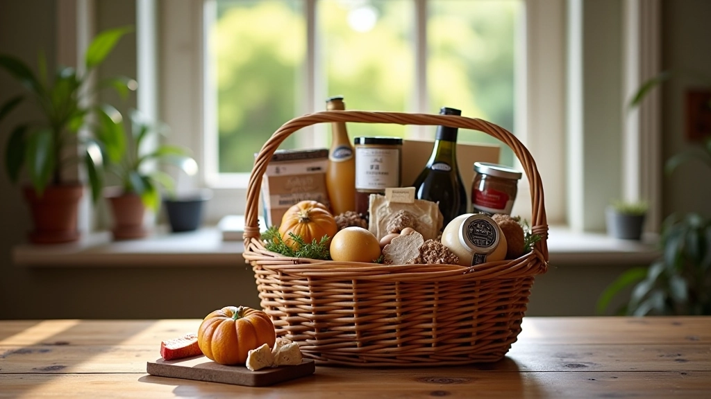 Artisan hamper basket displayed on rustic wooden table with natural light, showing variety of gourmet food products visible through cellophane wrapping