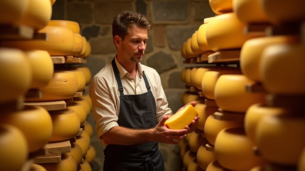 Cheese maker examining aging cheese wheels in a temperature-controlled stone cellar with traditional shelving