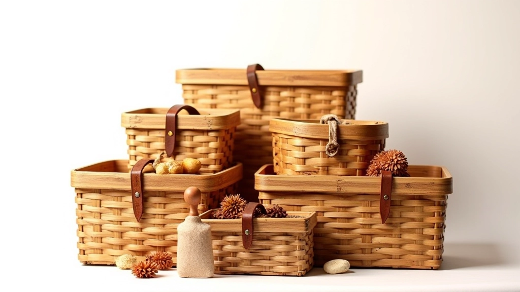 Several different-sized gift hamper baskets displayed together, showing variety of packaging styles and presentation options in warm studio lighting