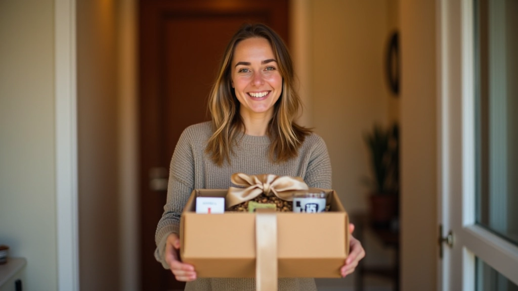 Customer receiving a beautifully wrapped gift hamper at their doorstep with a smile of delight